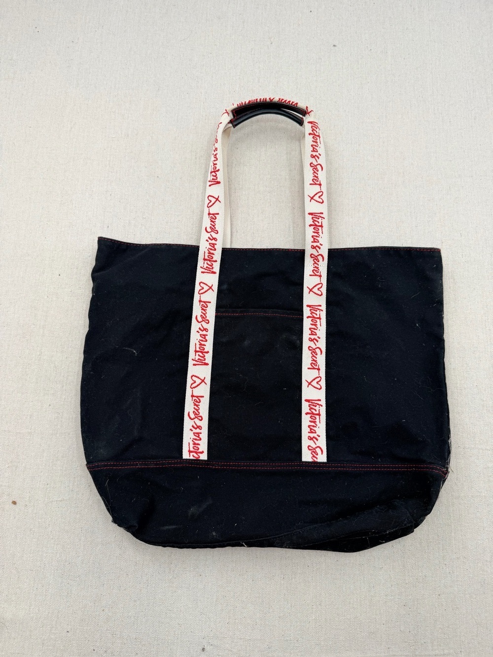 Victoria's Secret Black Canvas Tote with Branded White & Red Straps